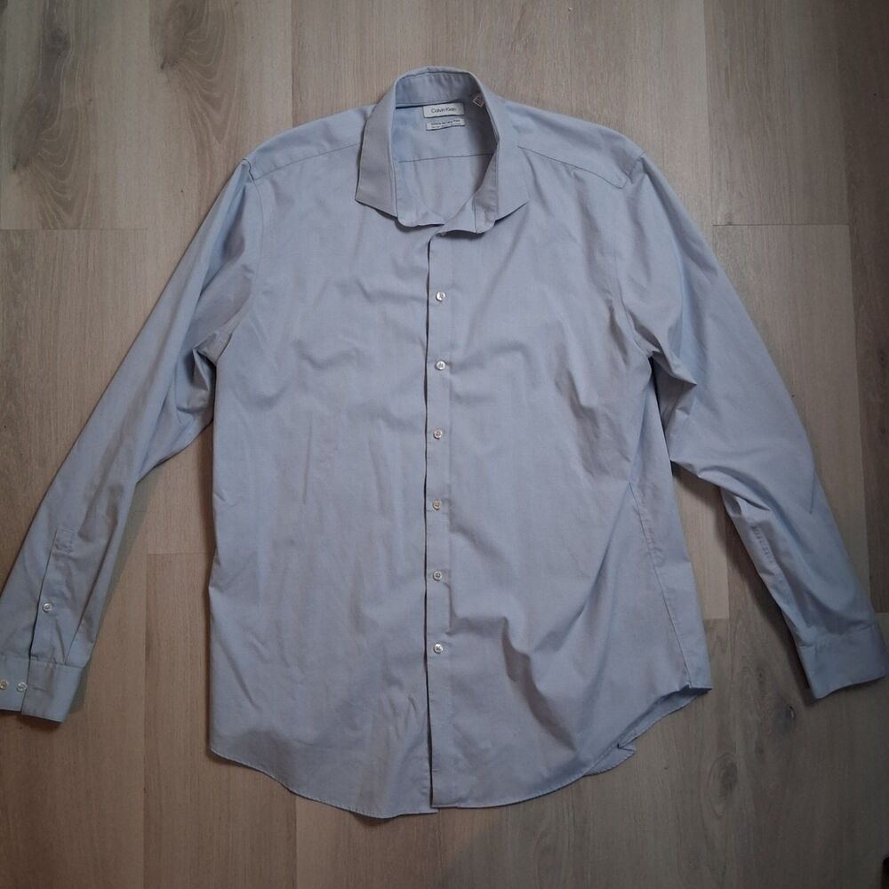 Calvin Klein Infinite Wrinkle Free Dress Shirt Mens 18 36/37 Tall Blue Flex